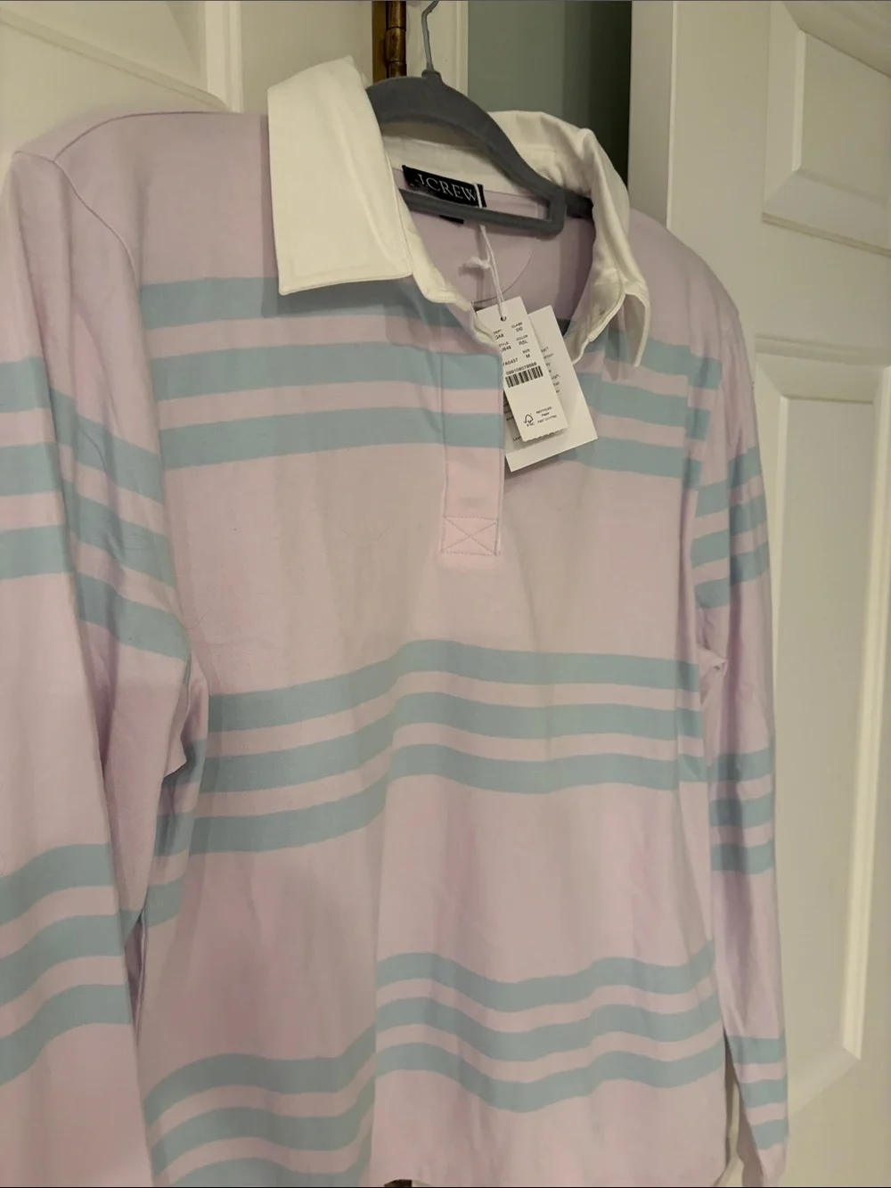J. Crew Lavender and Pale Blue Striped Rugby Polo with White Collar